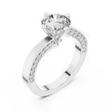 White gold round pave solitaire lab grown diamond engagement ring, side view