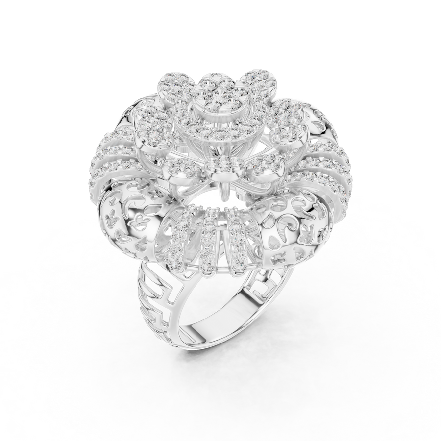 White gold round flower lab grown diamond cocktail ring, side view