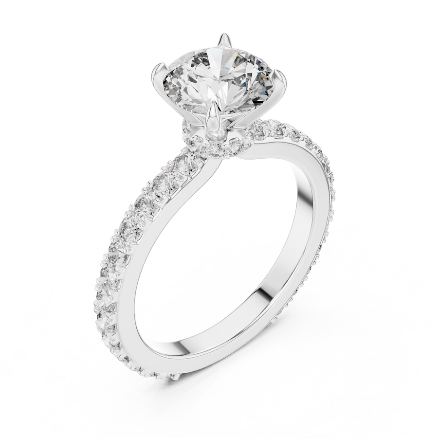 White gold round hidden halo lab grown diamond engagement ring, side view