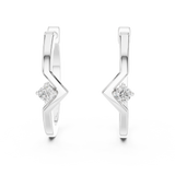 White gold chevron solitaire lab grown diamond huggie earrings, side view