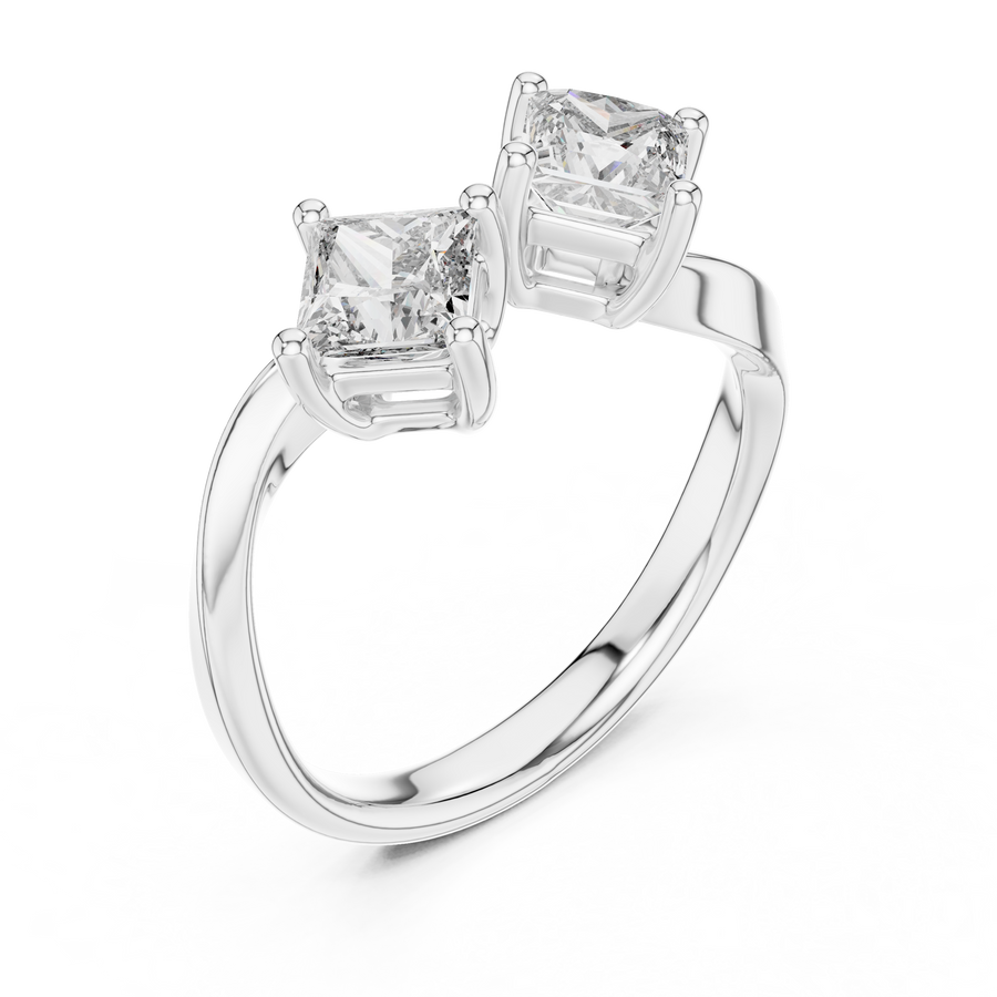 White gold princess cut open toi et moi lab grown diamond ring, side view