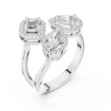 White gold mixed shape three stone halo lab grown diamond ring, side view