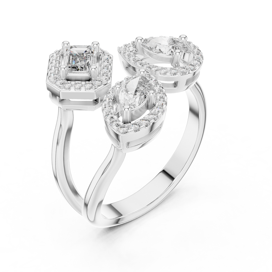 White gold mixed shape three stone halo lab grown diamond ring, side view