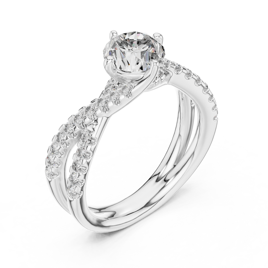 White gold round twist pave solitaire lab grown diamond engagement ring, side view
