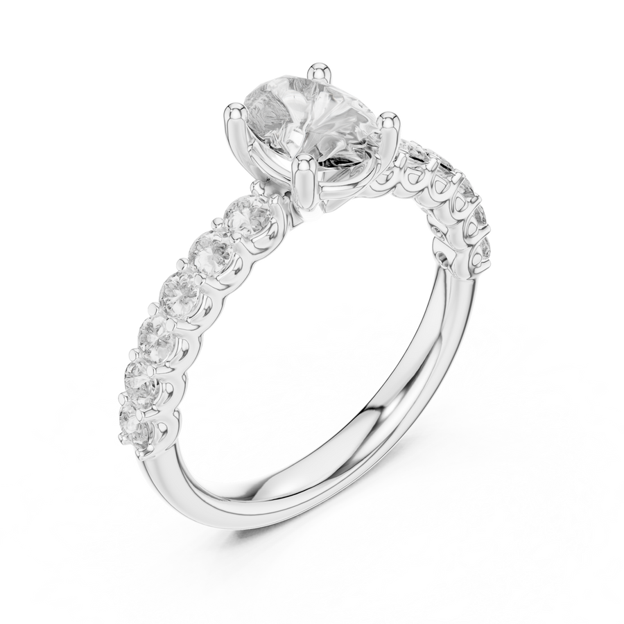 White gold oval three stone lab grown diamond engagement ring, side view