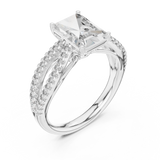 White gold oval cut side stone lab grown diamond engagement ring, side view