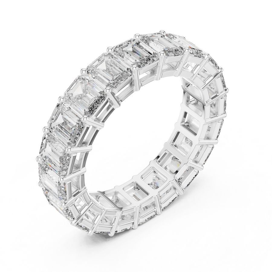 White gold emerald cut lab grown diamond full eternity band, side view