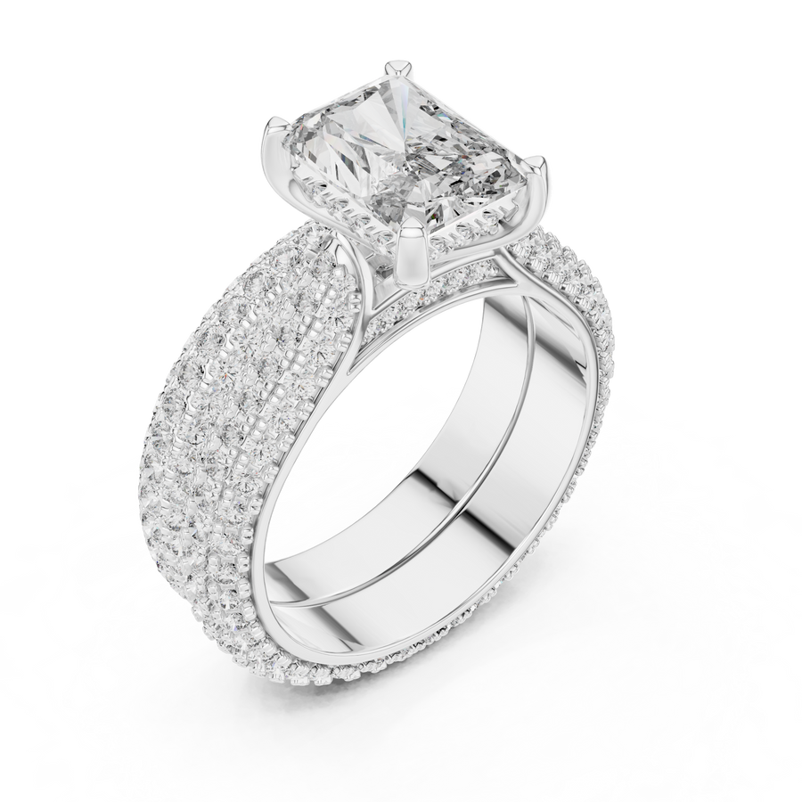 2.5 CT Radiant Cut Lab Grown Diamond Wide Pave Band Engagement Ring in white gold — angled view by Luzora Jewels