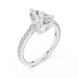 White gold lab grown diamond pear cut solitaire engagement ring, angled view