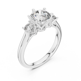 White gold lab grown diamond round cut three stone engagement ring, angled view