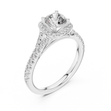 White gold lab grown diamond cushion cut halo engagement ring, angled view