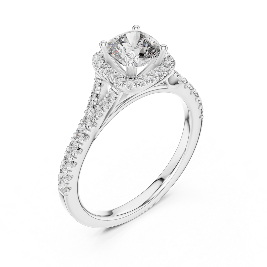 White gold lab grown diamond cushion cut halo engagement ring, angled view