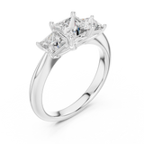 White gold lab grown diamond princess cut three stone engagement ring, angled view
