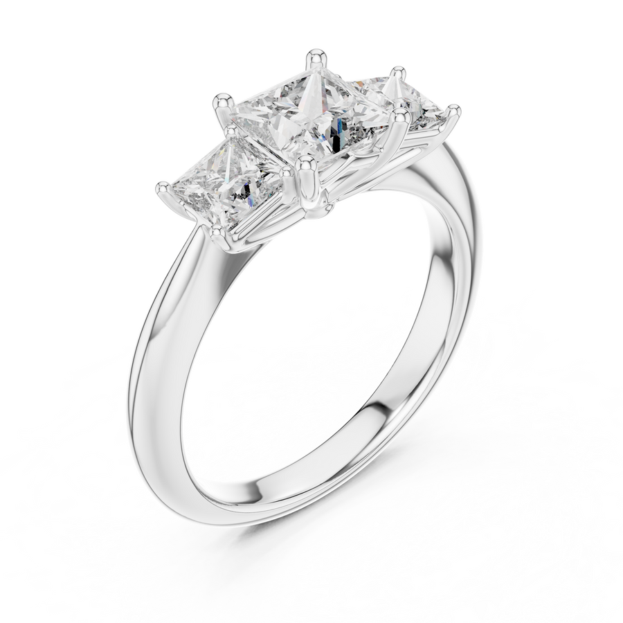White gold lab grown diamond princess cut three stone engagement ring, angled view