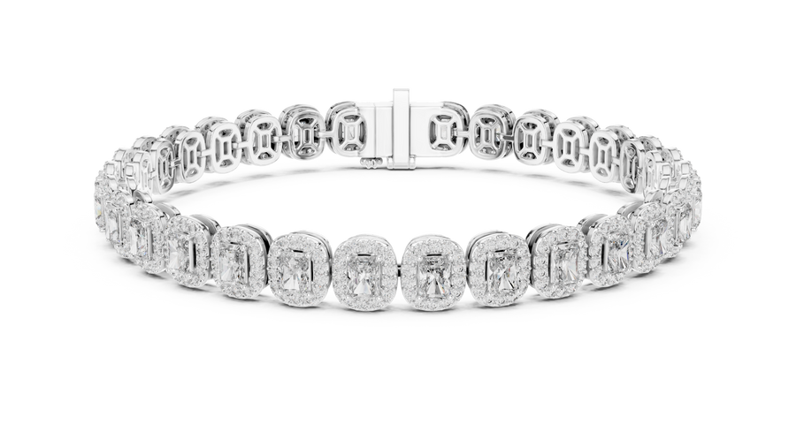 White gold 7.04 ct lab grown diamond radiant halo tennis bracelet, front view