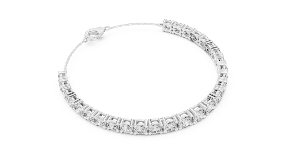 White gold 8.07 ct graduated round diamond tennis bracelet, angled view
