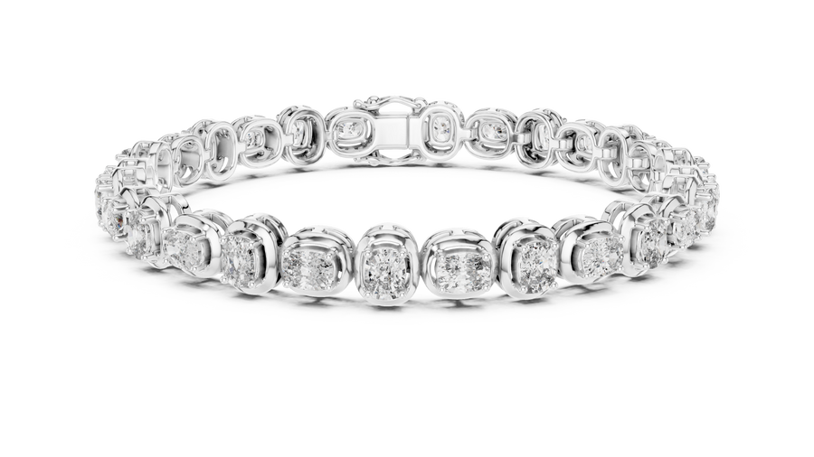 White gold 6.82 ct east west cushion cut lab grown diamond tennis bracelet, front view