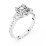 Emerald cut lab grown diamond three stone ring with baguette side stones in white gold, front view