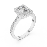 White gold emerald cut engagement ring with halo and pave band