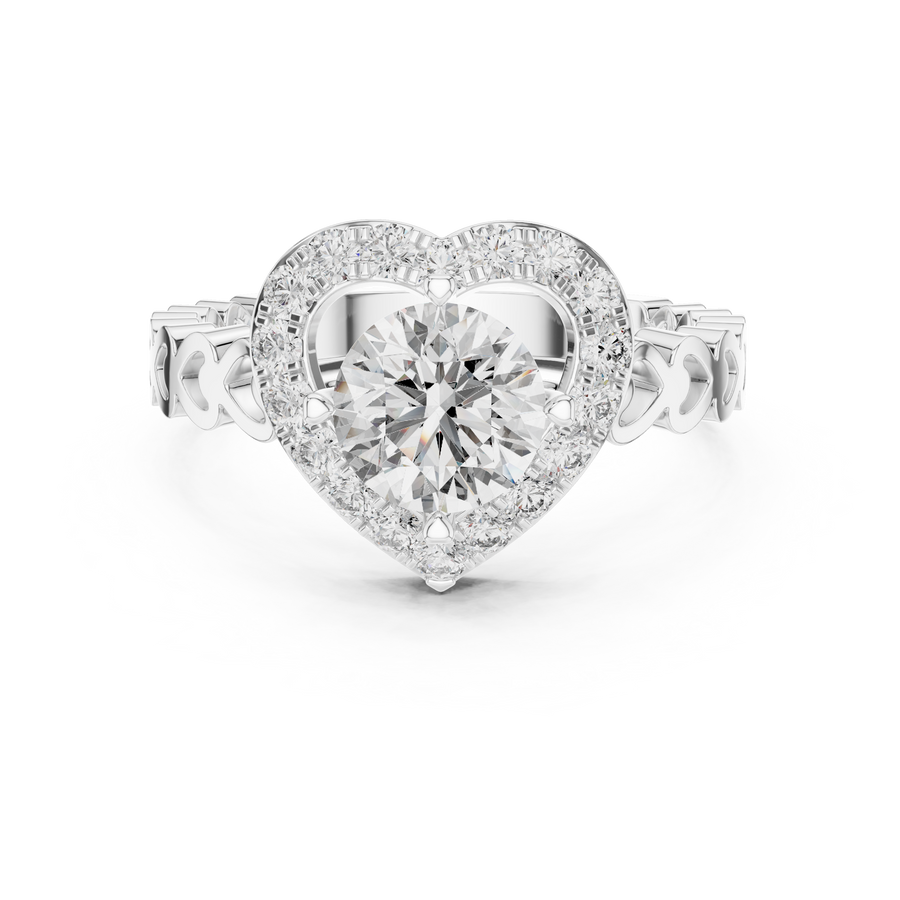 1.32 CTW round lab-grown diamond engagement ring with a heart-shaped halo and open-heart band