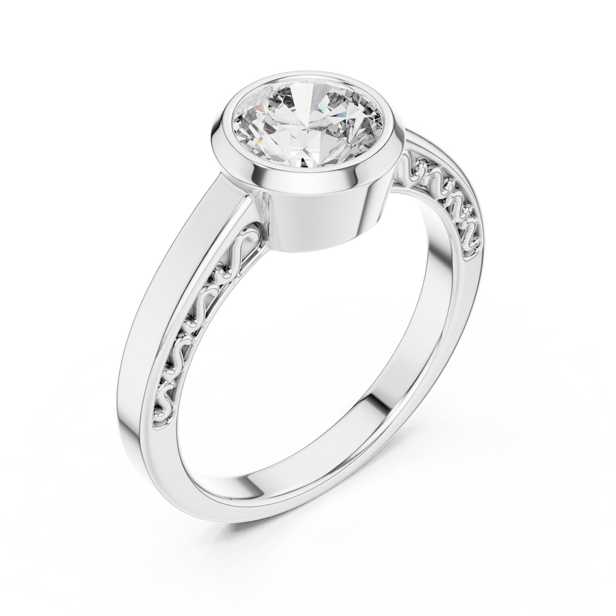 1 Ct Round Lab Grown Diamond Bezel Solitaire Engagement Ring in 14K White Gold with Comfort Fit Band