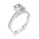 Front view of 1.67 CT emerald cut lab grown diamond engagement ring with hidden halo and pave band in white gold