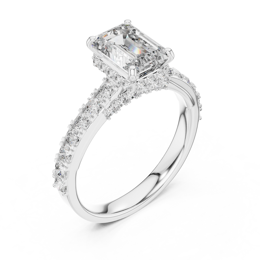 Front view of 1.67 CT emerald cut lab grown diamond engagement ring with hidden halo and pave band in white gold
