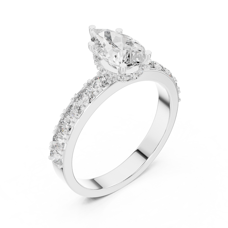 Side angle view of pear cut lab diamond engagement ring showing hidden halo and pave setting in white gold