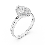 Diamond ring with a pear-shaped center stone on a white background