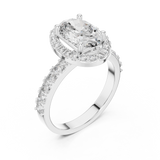 White gold 1.60 CT oval cut lab grown diamond halo engagement ring with pavé side stones on a white background.