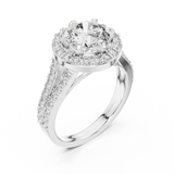 Side angle view of a 1.25 CT round cut lab grown diamond halo engagement ring with a pave split shank in white gold
