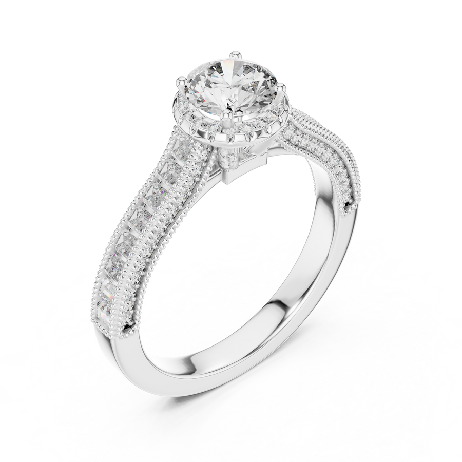 Side angle view of a 0.65 CT round cut lab grown diamond halo baguette engagement ring in white gold