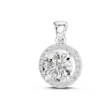 White gold pendant featuring a round cut lab-grown diamond with halo setting