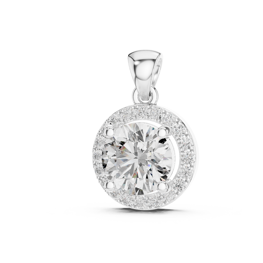 White gold pendant featuring a round cut lab-grown diamond with halo setting
