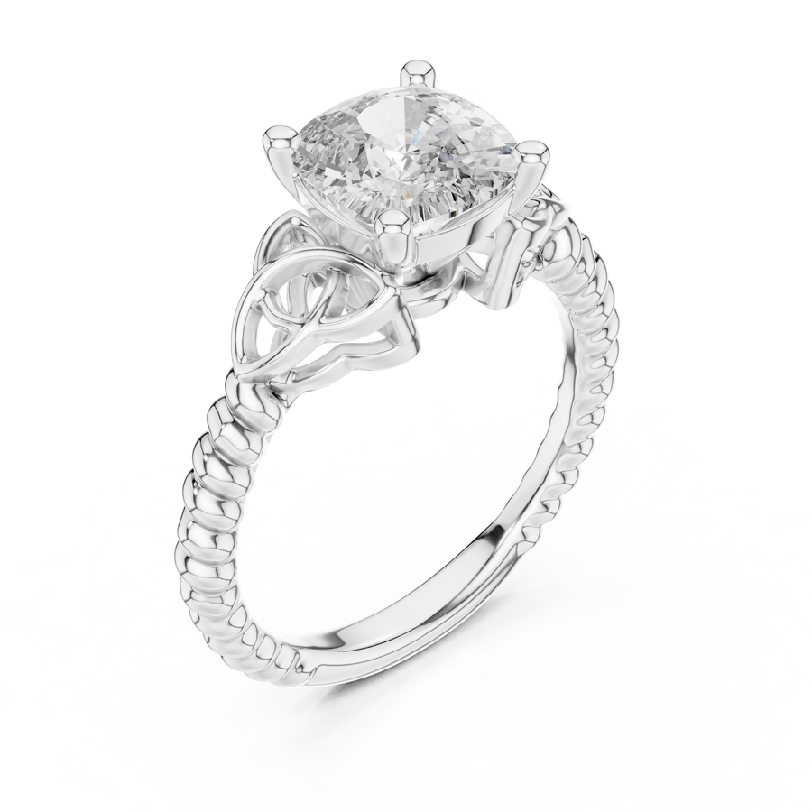 White gold lab grown diamond cushion cut solitaire ring, angled view