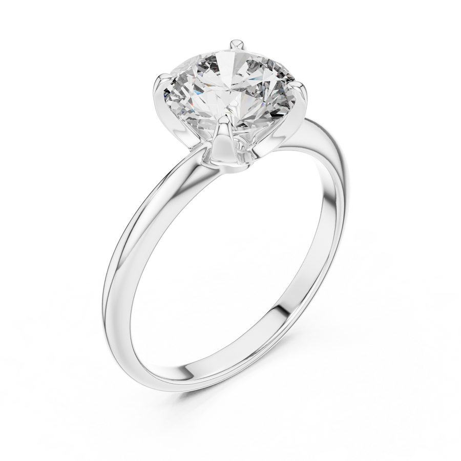White gold lab grown diamond round cut solitaire ring, angled view