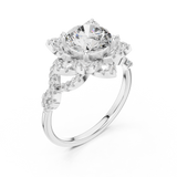 White gold lab grown diamond round cut lotus halo ring, angled view