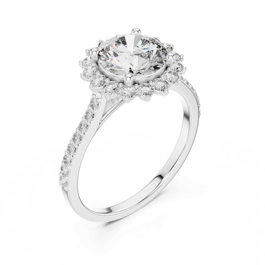 White gold lab grown diamond round cut cluster halo ring, angled view