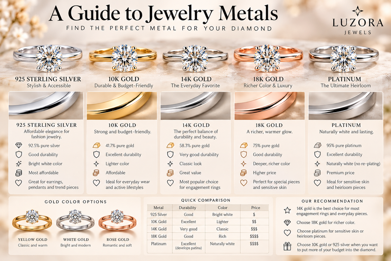 “Luzora Jewels jewelry metal guide comparing 925 sterling silver, 10K, 14K, 18K gold and platinum for lab-grown diamond jewelry, with yellow, white and rose gold options.”