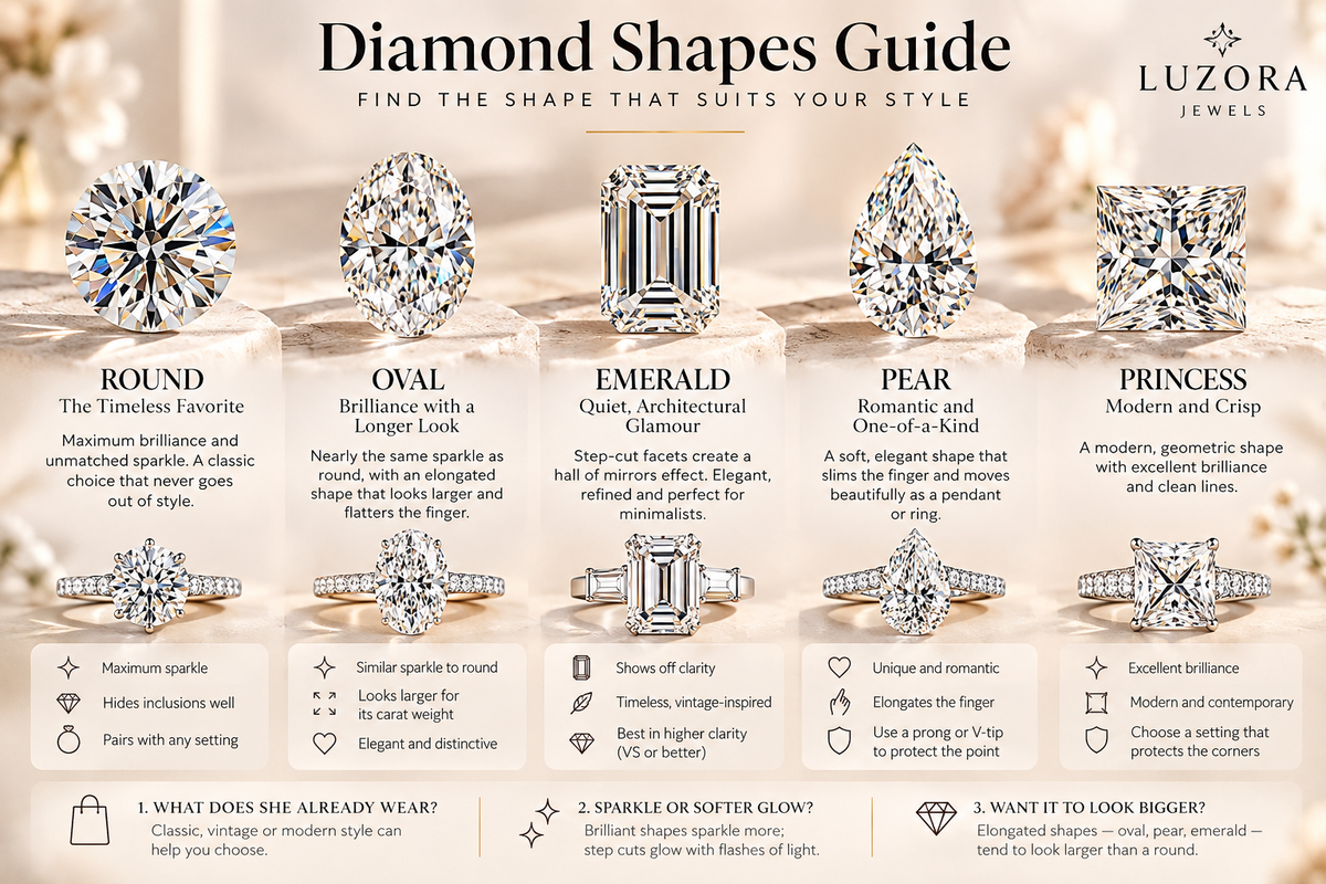 “Luzora Jewels diamond shapes guide featuring Round, Oval, Emerald, Pear and Princess cut lab-grown diamonds with elegant engagement ring designs.”