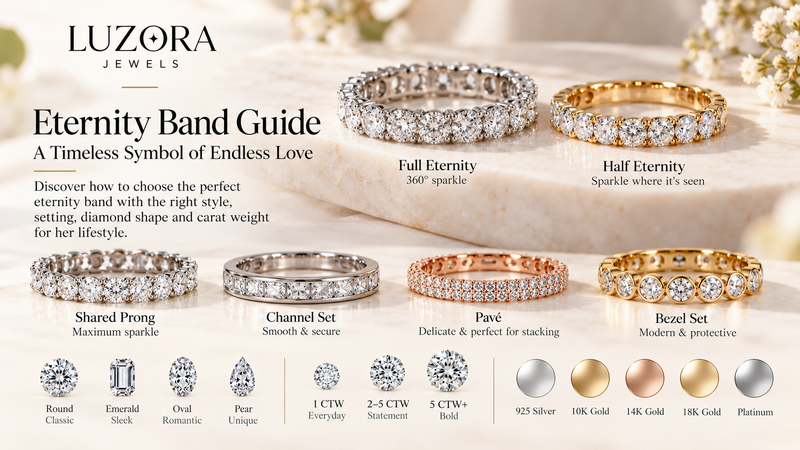 Luzora Jewels eternity band guide featuring full and half eternity rings, diamond settings, shapes, carat weights, and metal options.