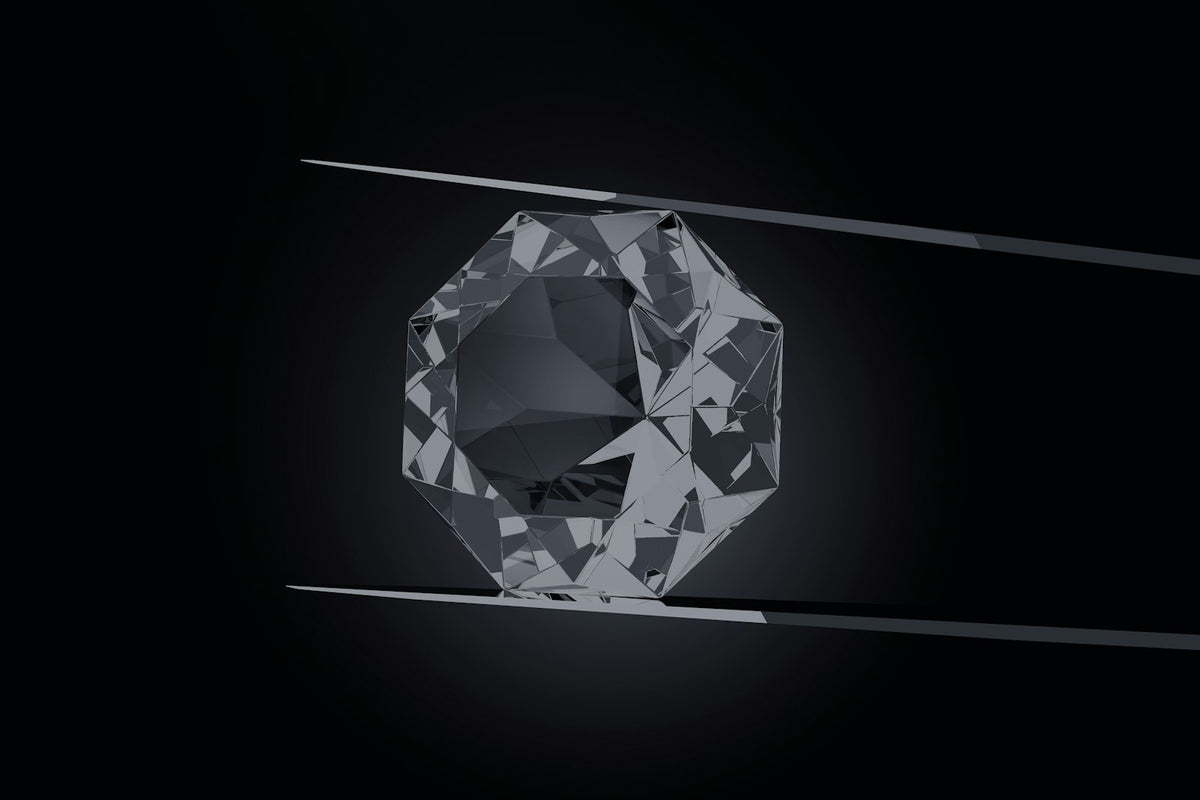 Close-up black and white photo of a diamond