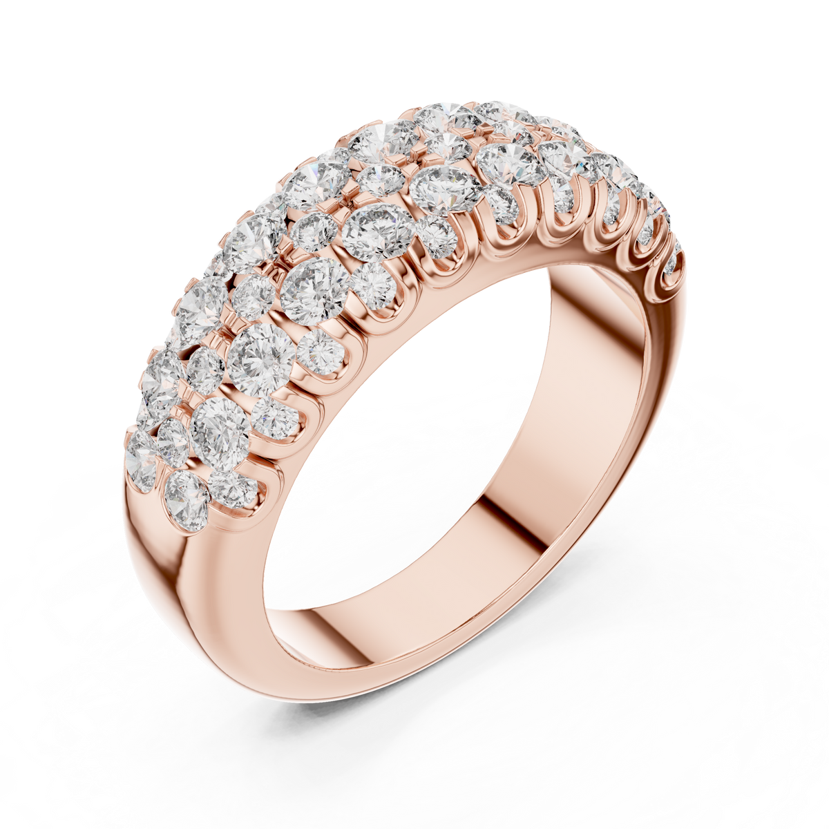 Rose gold round two-row lab grown diamond anniversary band, side view