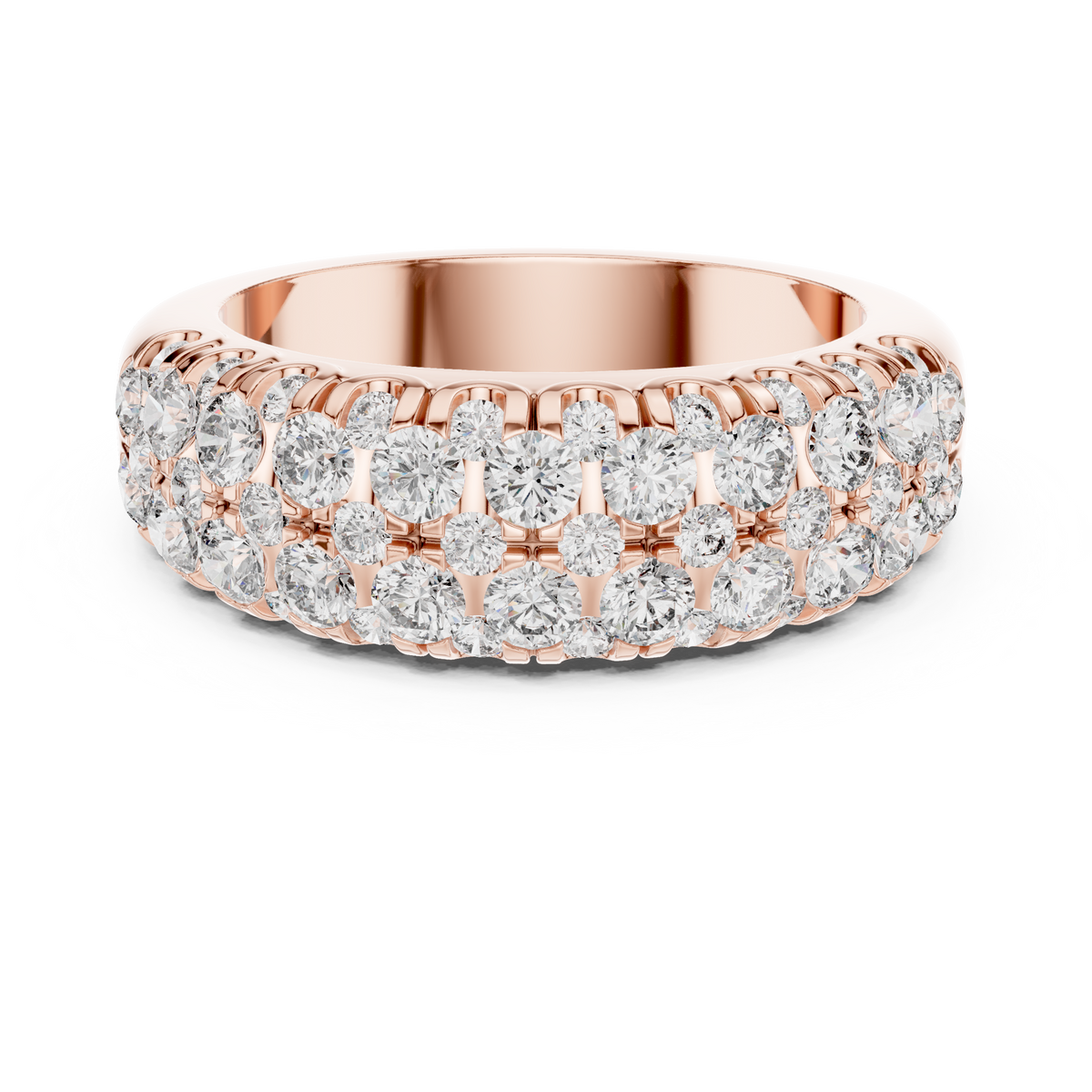 Rose gold round two-row lab grown diamond anniversary band, angled view