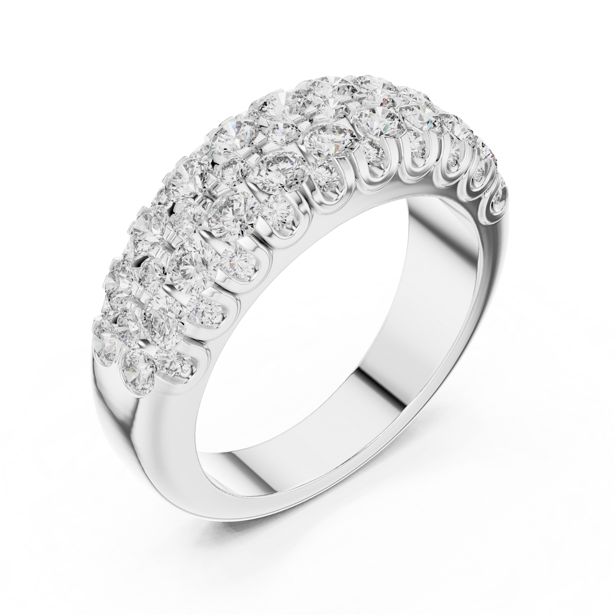 White gold round two-row lab grown diamond anniversary band, side view