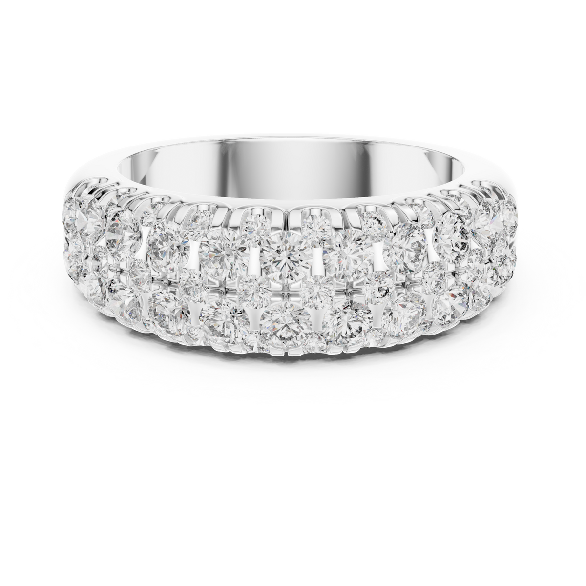 White gold round two-row lab grown diamond anniversary band, angled view