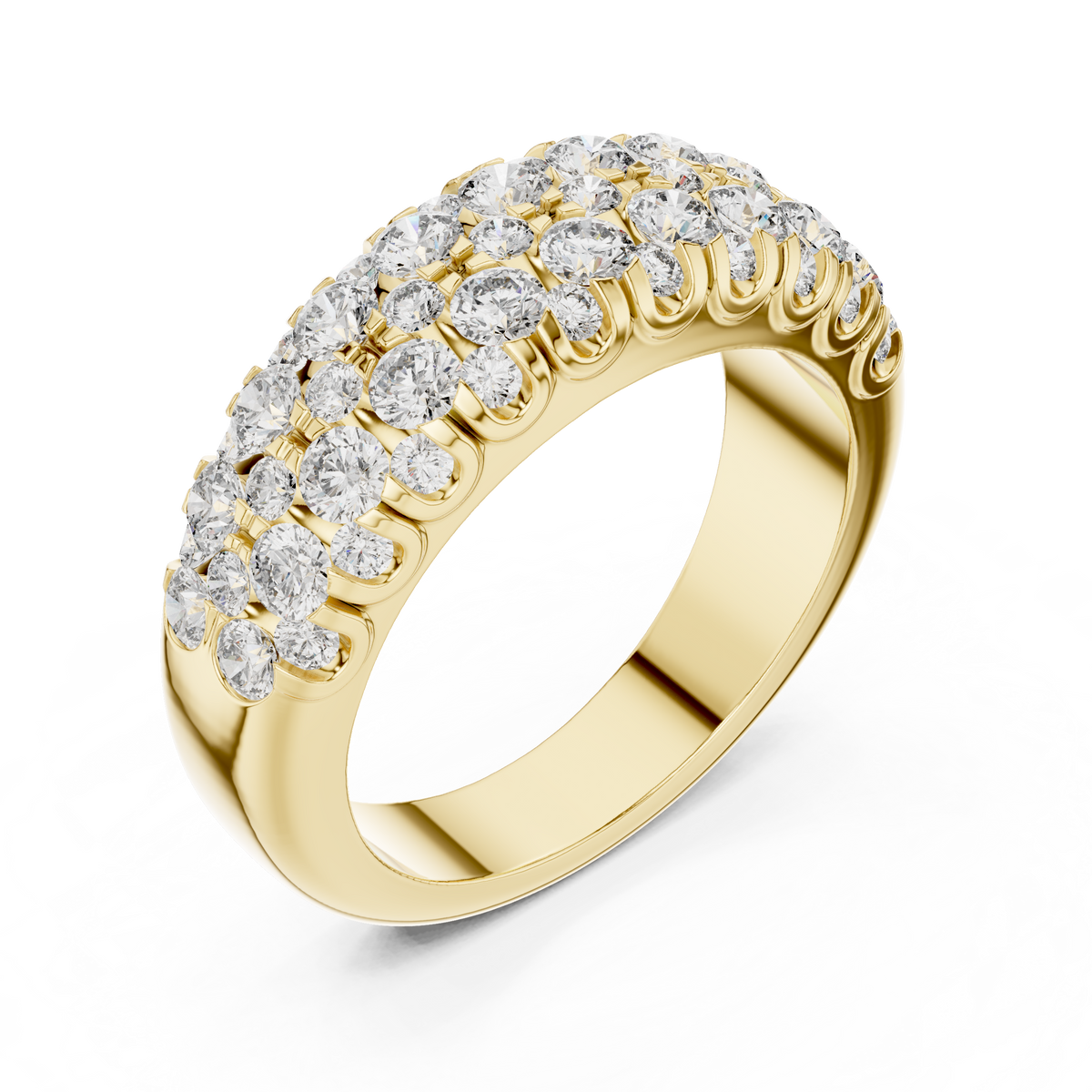 Yellow gold round two-row lab grown diamond anniversary band, side view