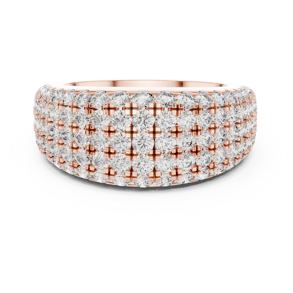 Rose gold round pave dome lab grown diamond anniversary band, angled view