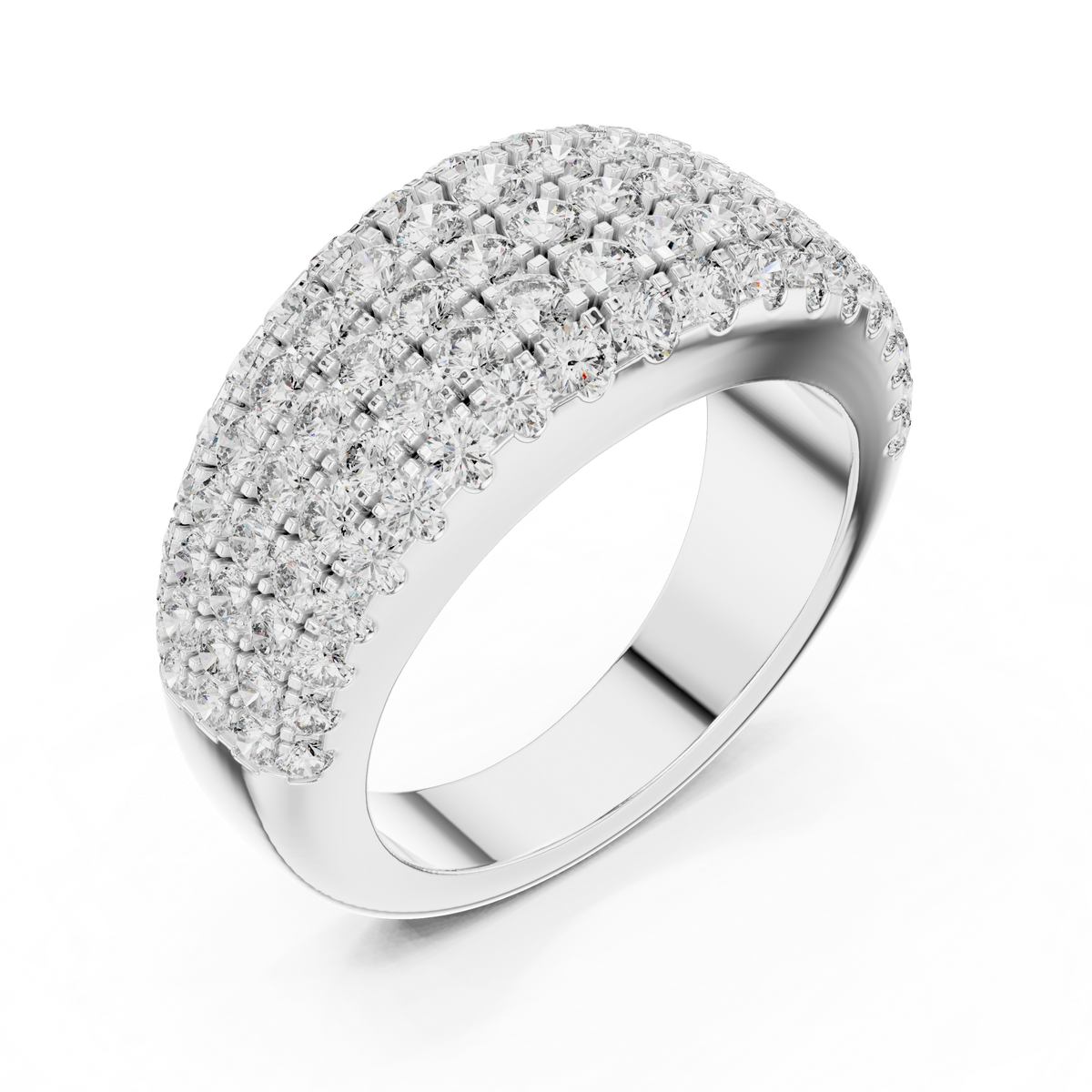 White gold round pave dome lab grown diamond anniversary band, side view