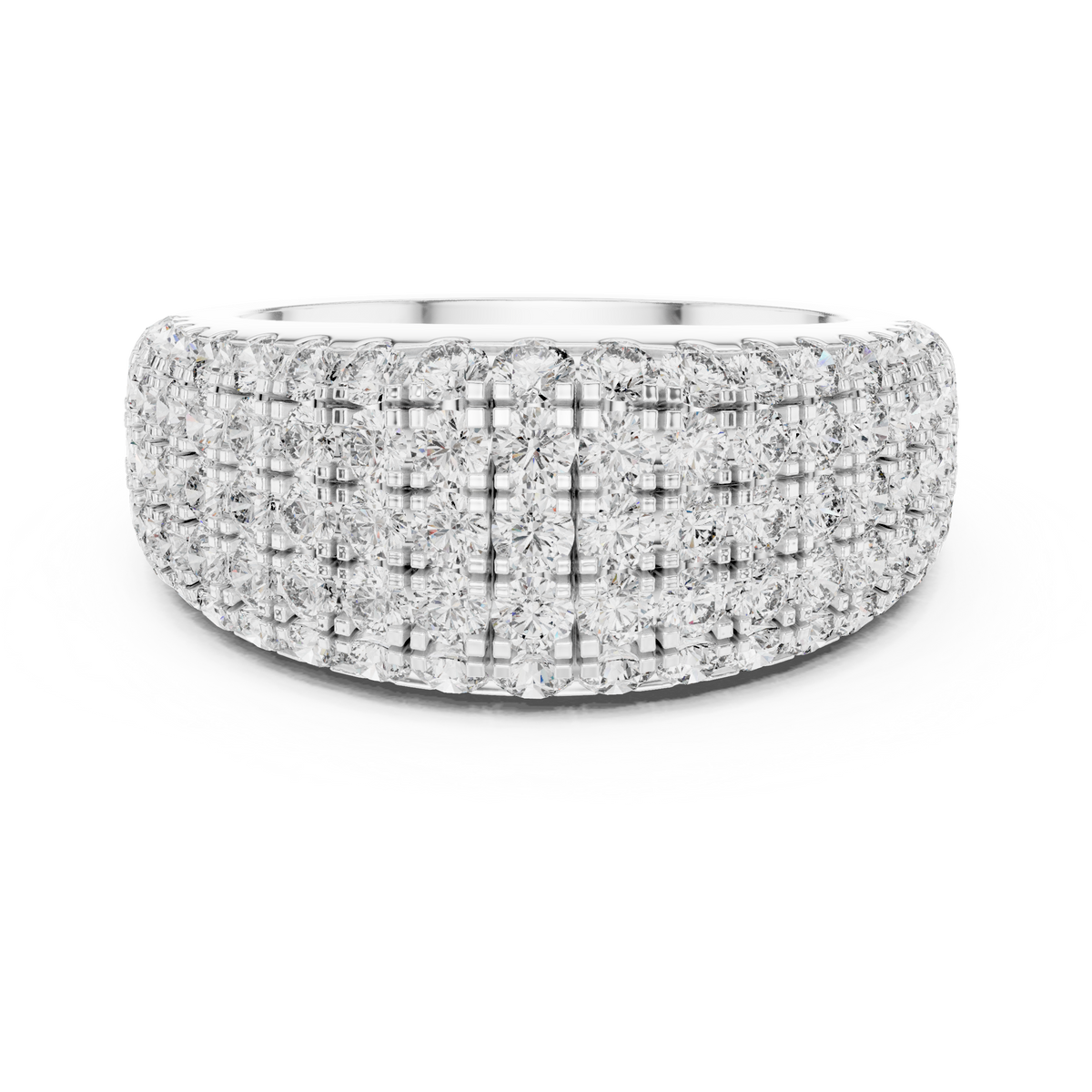 White gold round pave dome lab grown diamond anniversary band, angled view